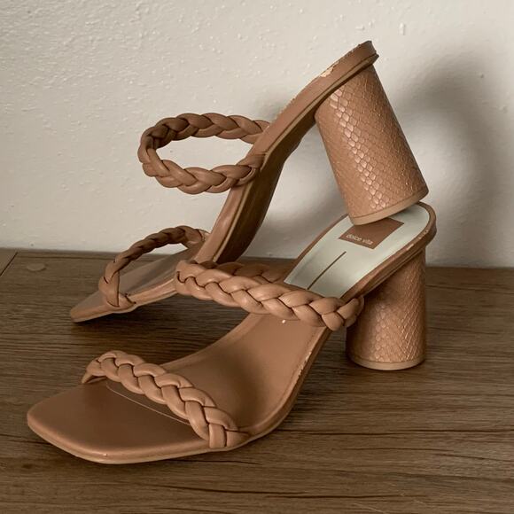Dolce Vita Nairi Braided Strappy Sandal Heel 11 US Square Toe Tan Nude *Flaw - Picture 1 of 16